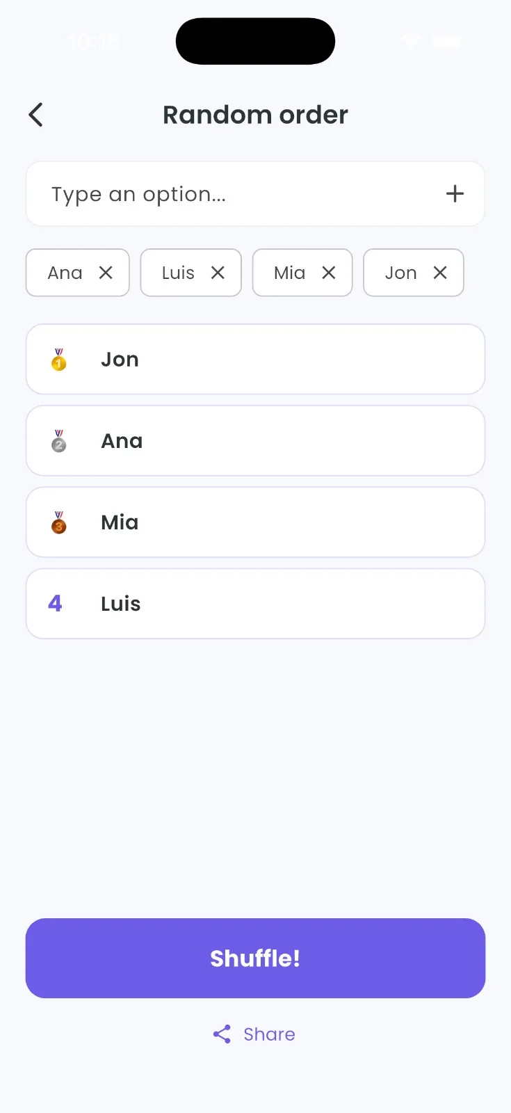 Orden al azar con podio