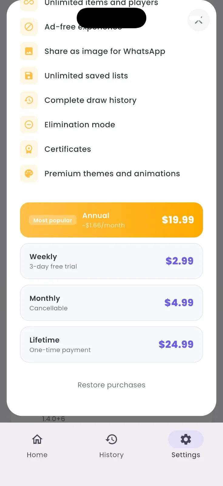 Pantalla de planes de Roulup Pro dentro de la app